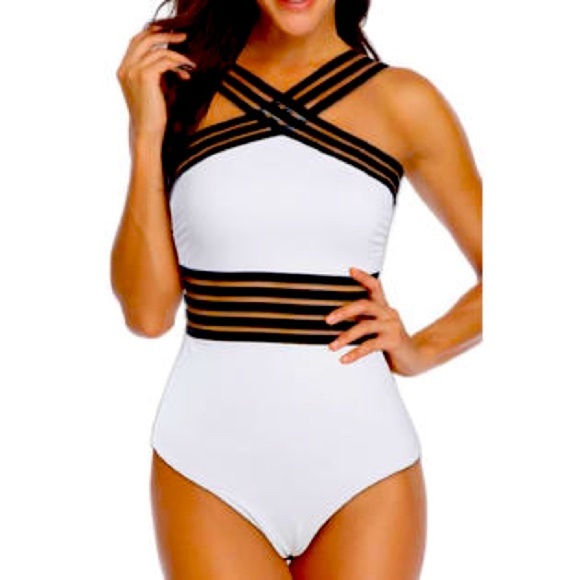 17. 🌴🩱 Jhon Peters Women Slim Transparent Ribbon Cross Strap 1 Piece Swimwear - Picture 1 of 3